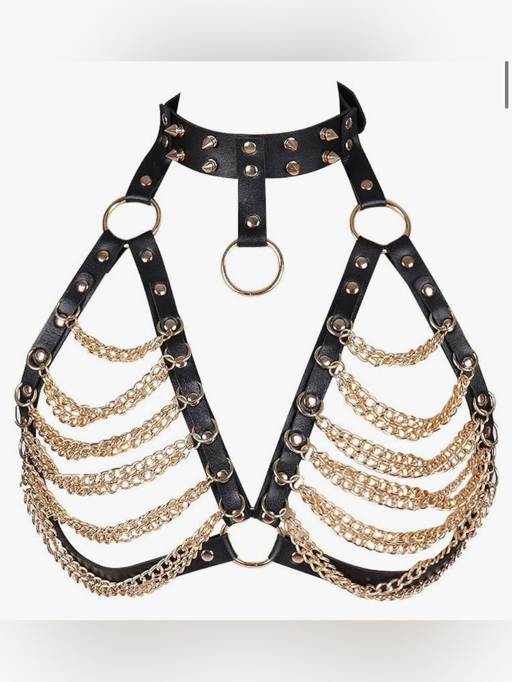 Black Leather & Gold Chain Harness Bra
